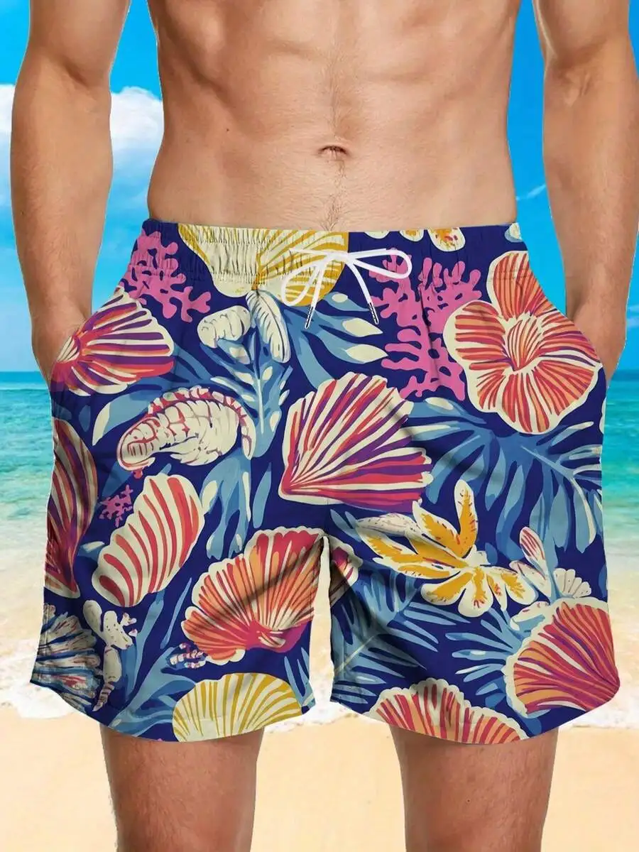 

Mens Blue Tropical Ocean Floral Print Beach Shorts Casual Summer Vacation Wear
