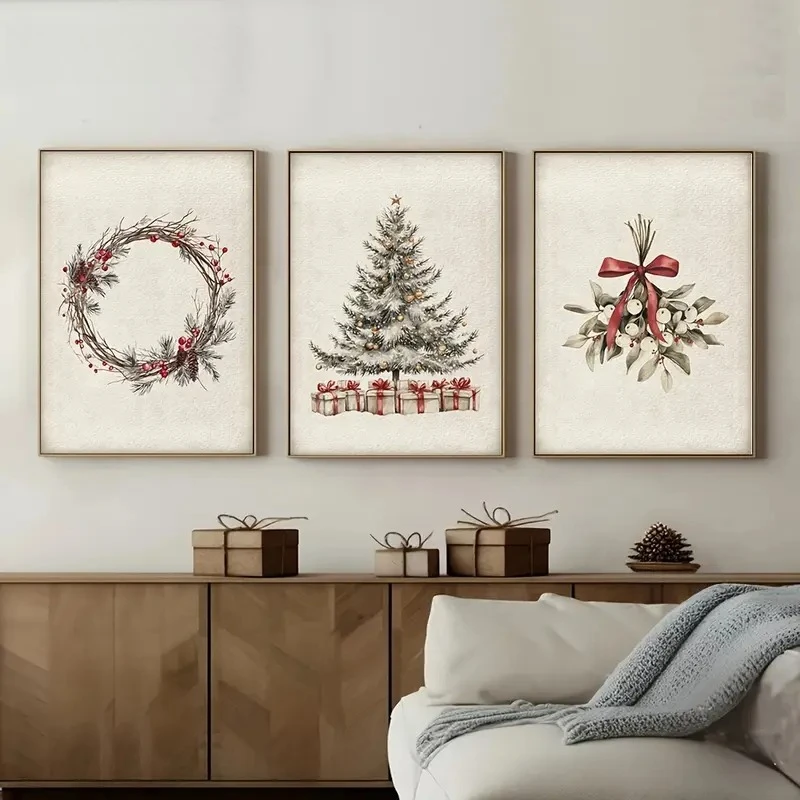3pcs/set Christmas Wreath Pine Plant Canvas Poster Minimalist Farmhouse Winter Christmas Wall Art Prints for Nursery Home Decor