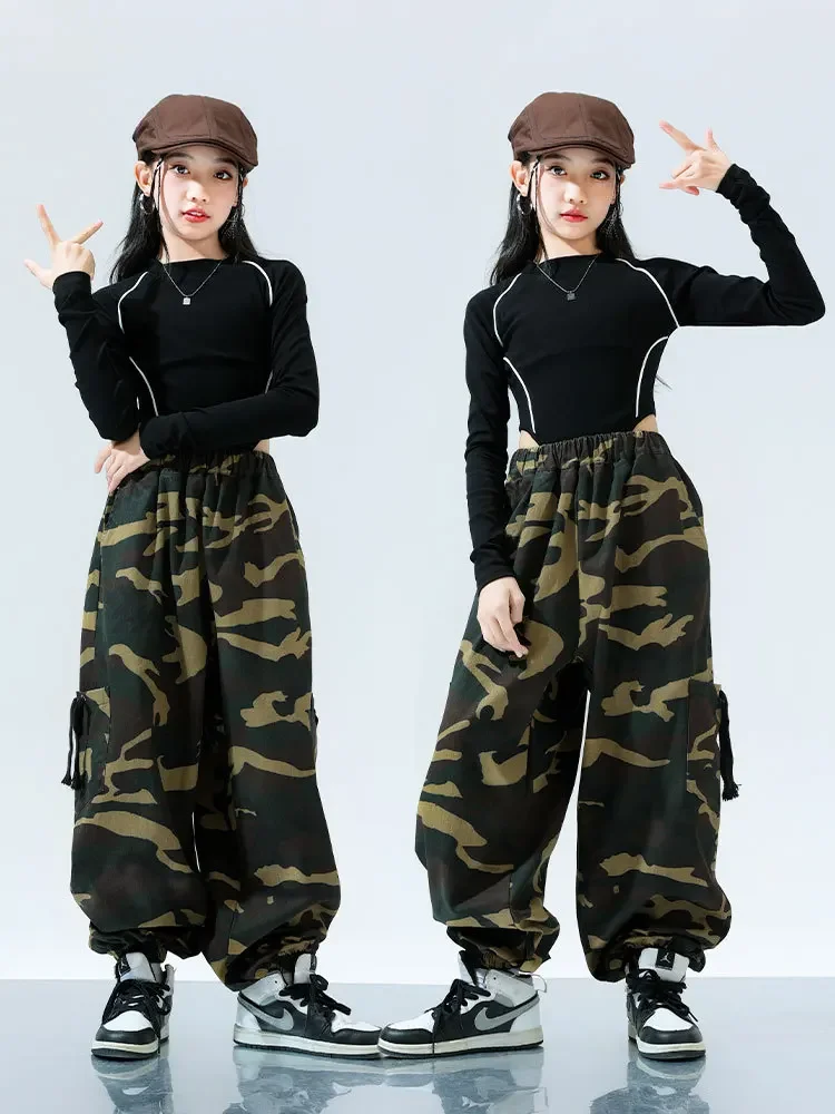 Girls Street Dance Clothing Fashion Black Tops Camouflage Pants Kids Jazz Dance Costume Children Hip Hop Kpop Stage Outfit