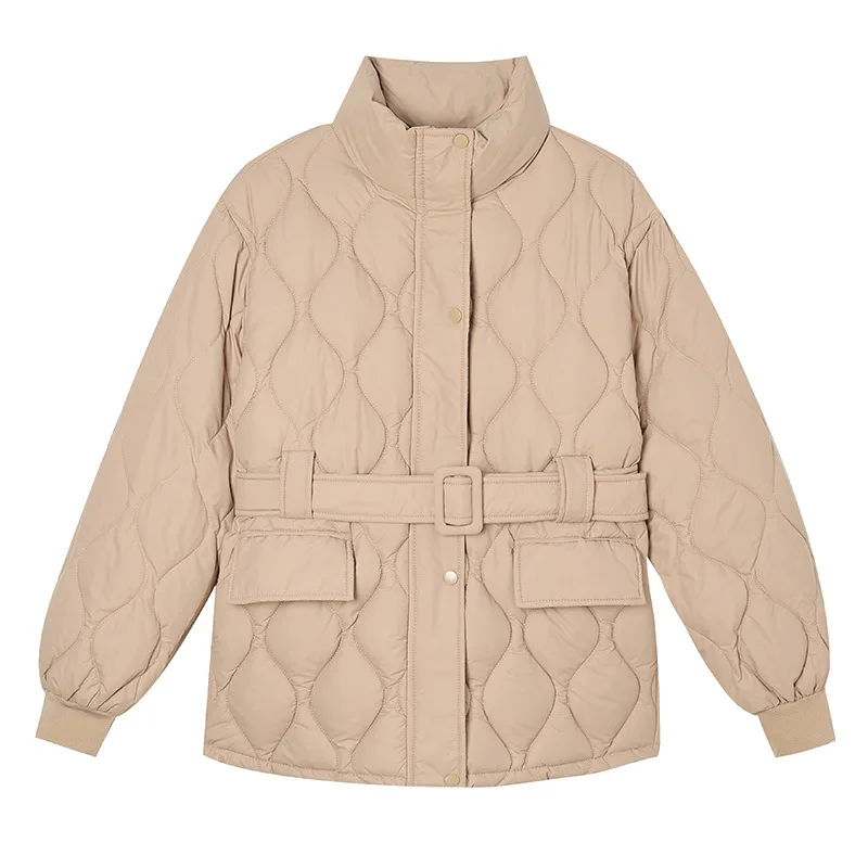 Women Parkas Belt Cinched Waist Thick Warm Jacket Casual Zipper Stand Collar Pockets Jackets Elegant Coat Autumn Winter 2025