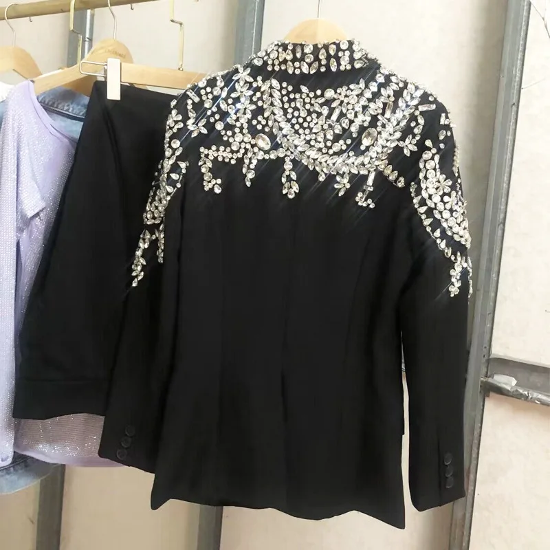 Hksh primavera outono novo blazer feminino bolsos de botão único artesanato pesado cravejado diamantes luxo elegante ins jaqueta festa hk14226