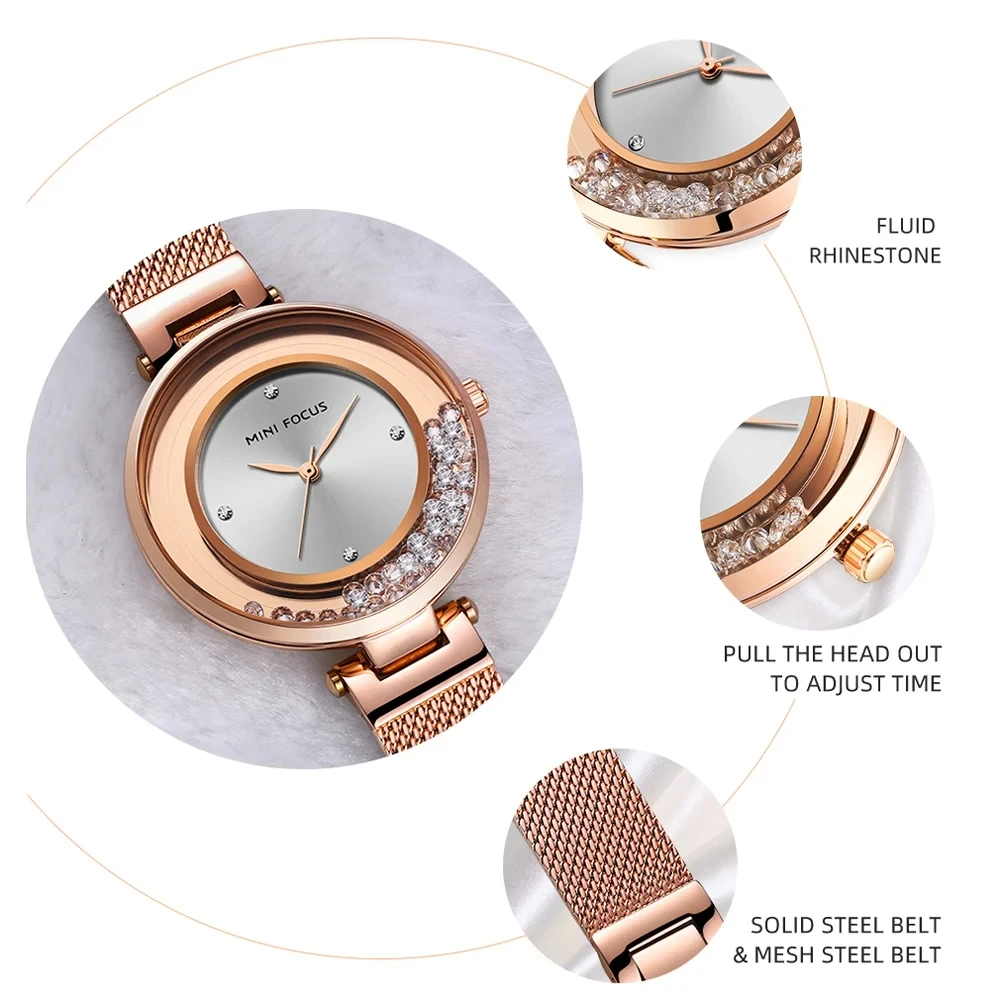 MINI FOCUS 0254 ساعة نسائية أنيقة الماس الهاتفي الفاخرة الإبداعية موضة كوارتز مقاوم للماء ساعة يد نسائية لهدايا المرأة