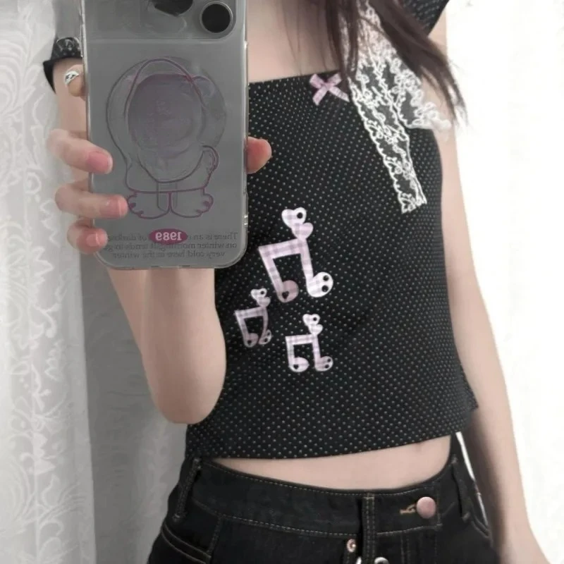 Vintage Short Sleeve Women Polka Dot T-Shirts Square Collar Tunic Tees Y2k Tops Casual Chic Fashion Y2k Shirts 2025 Summer New