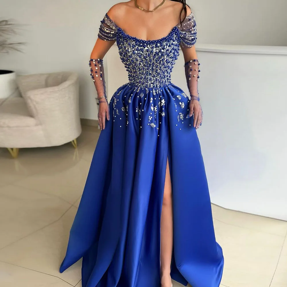 

Blue Beads Formal Evening Dresses Scoop A Line Middle East Party Gowns Special Wedding Guest Dress For Women Customized