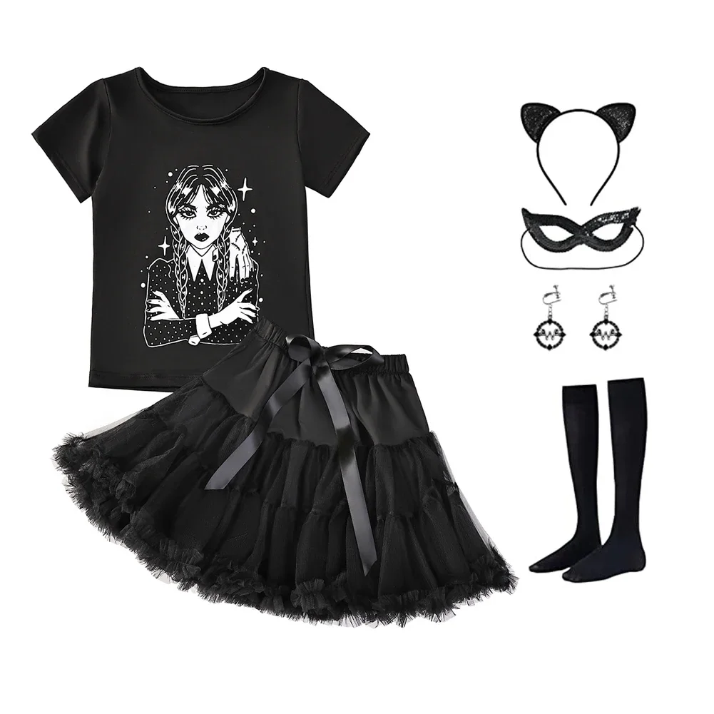 

Wednesday Adams Children's Halloween Cosplay Set Girl's Casual Top+Mesh Short Skirt Two-Piece Set Kids TuTu Dress 3-10Y