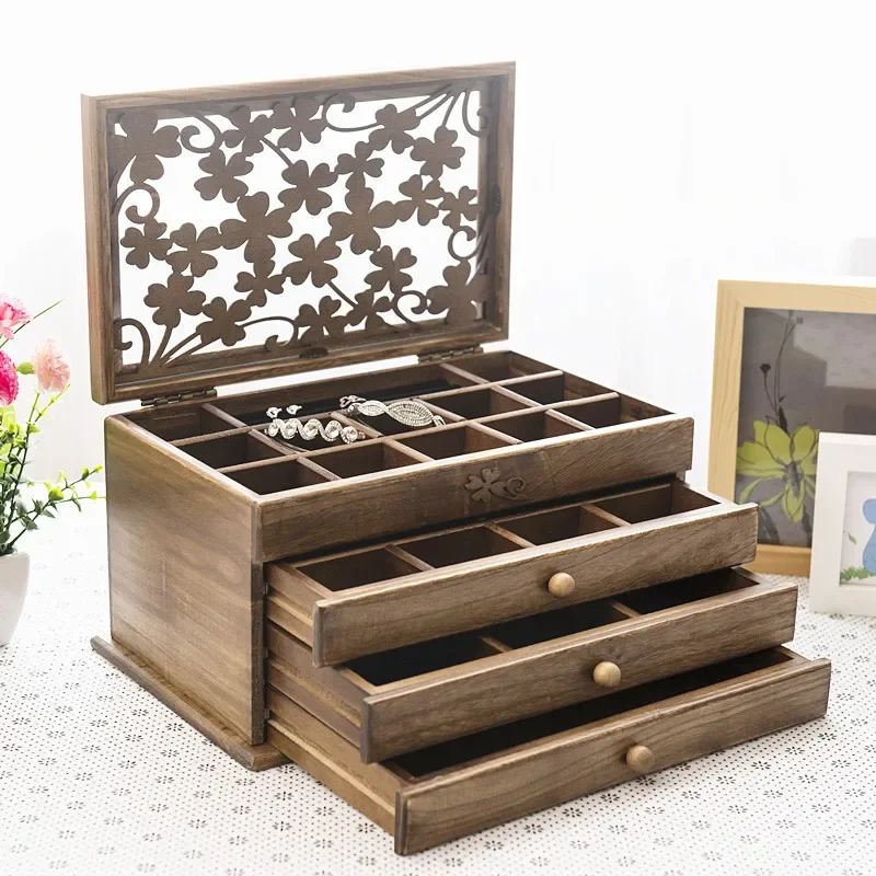 Wood Jewelry Box Velvet Drawer Ring Necklace Earrings Jewelry Boxes Organizer Bangles Display Tray Accessories Separator Storage