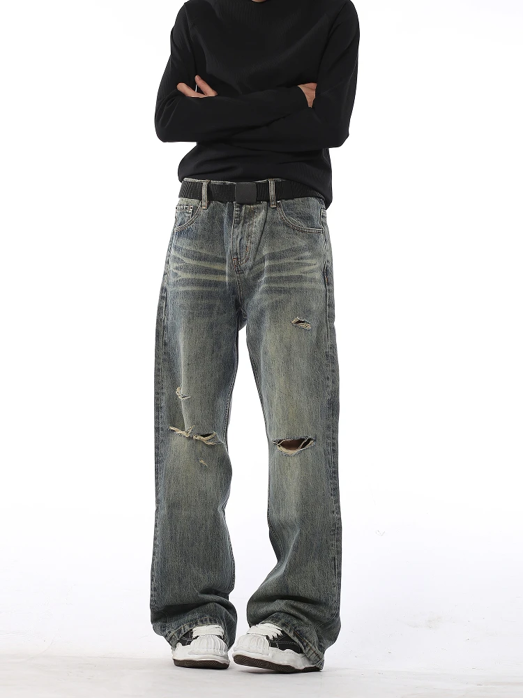 

Ajem American Retro Design Faded Hole Design Bell Bot Jeans Trendy Straight Leg Slimming Jeans for Teenagers