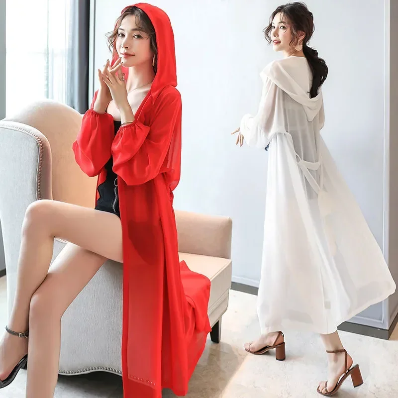 Women Blouse Summer Puff Sleeve Simple Loose Chiffon Shirt White Kimono Cardigan Hooded Long Kimono Ladies Tops Sun-protective