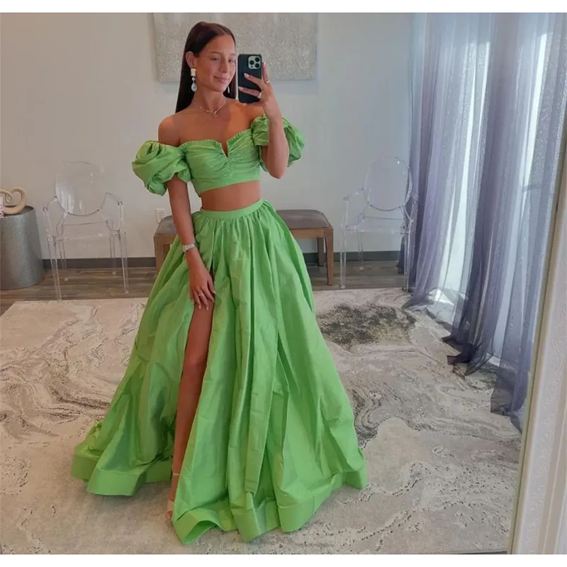 

Sexy Long Two Pieces Style Taffeta Prom Dresses A-Line Green Slit Sweep Train Lace-Up Back Evening Dresses for Women