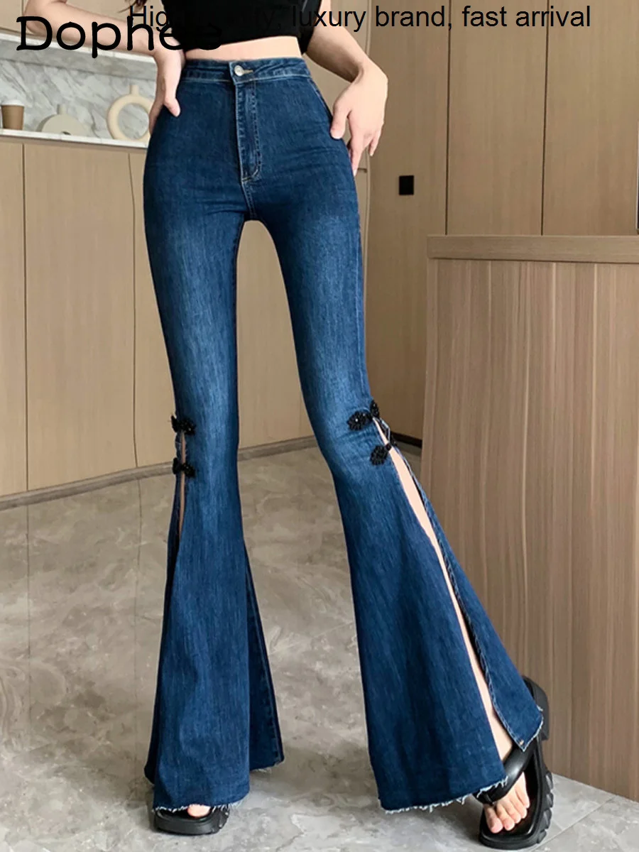 Split Blue Streetwear Flared Jeans for Women Spring Autumn New High Waist Slimming Stretch Design Denim Bell-Bottoms Trousers