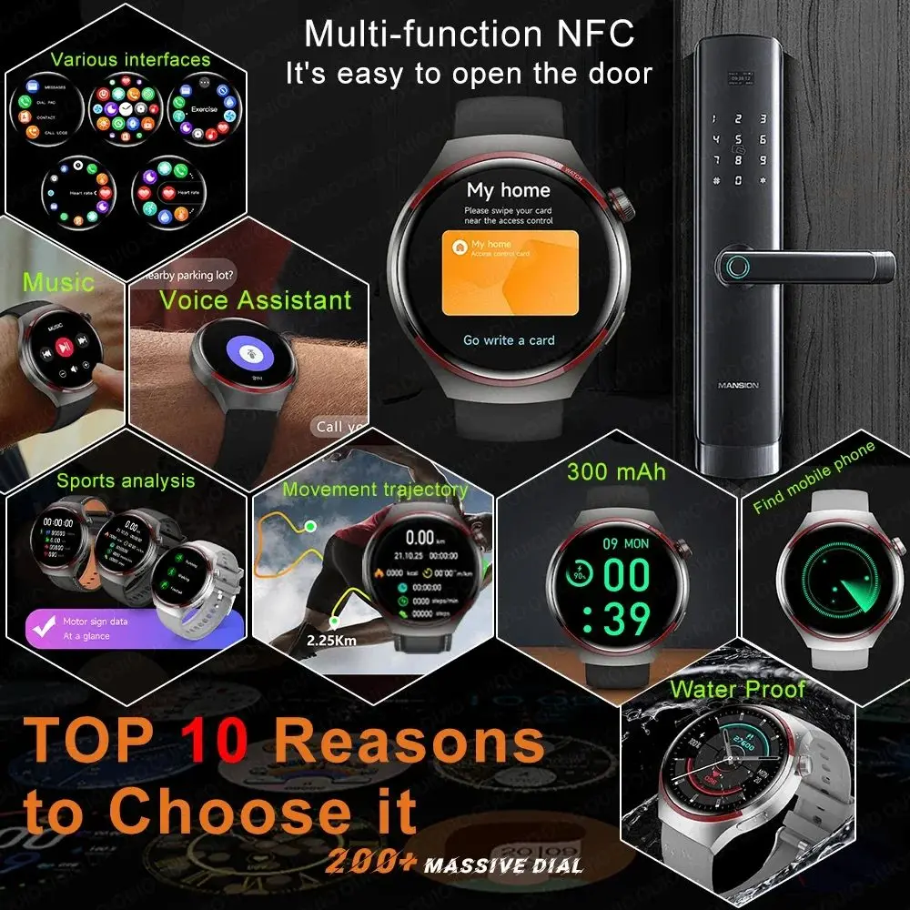 Nuevo reloj inteligente para deportes al aire libre para hombres NFC GPS brújula ritmo cardíaco Bluetooth llamada impermeable SmartWatch SMS recordatorio música nteractiva
