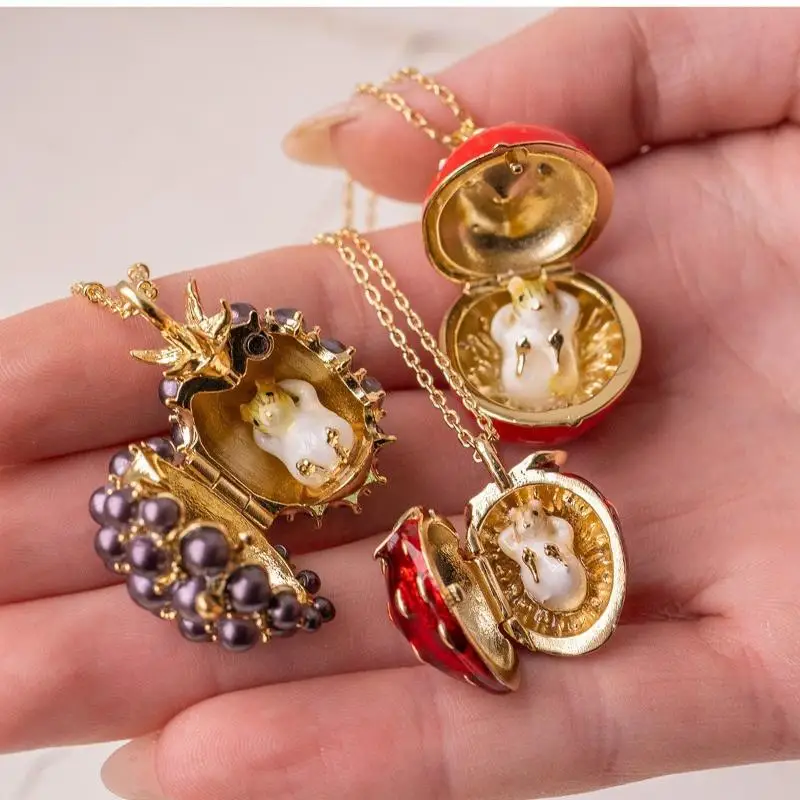 Gold Plated Hamster Locket Necklace Fruit Design Enamel Opening Pendant Daily Wear Lovely Gift