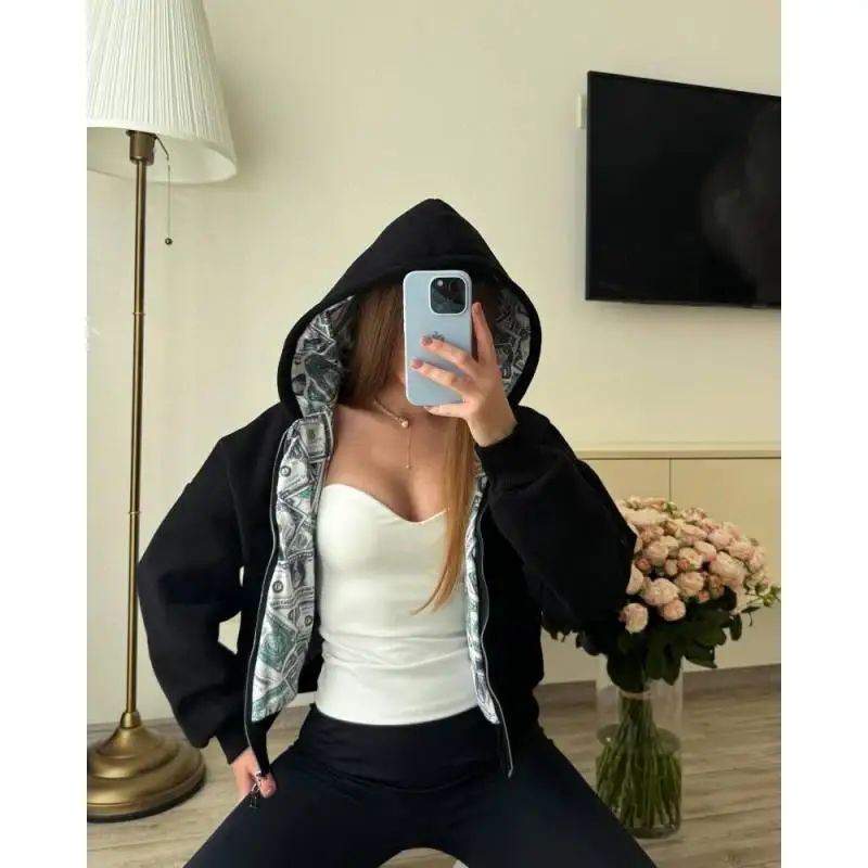 Dollar Print Lined Hoodie Women's 2025 Trendy White Oversized Zip-Up Sweatshirt Street Fashion Casual Top