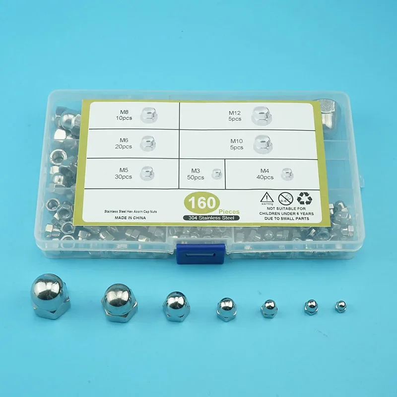 160 pcs M3/M4/M5/M6/M8/M10/M12 boxed 304 stainless steel cap DIN1587 cap nut set