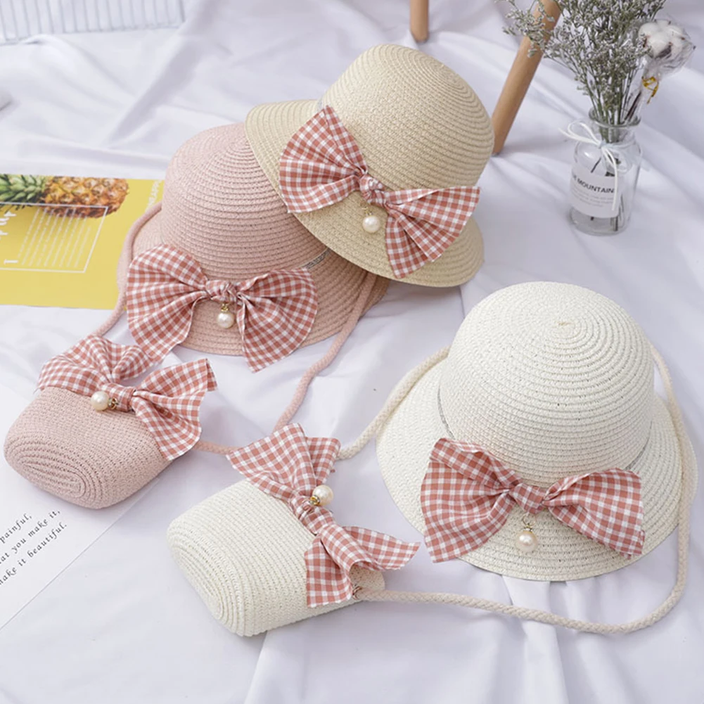 Wide Brim Straw Woven Sun Protection Beach Hat Summer Kids Girls Floppy Cap Portable Handbag with Bow-knot Cherry Flower Decor