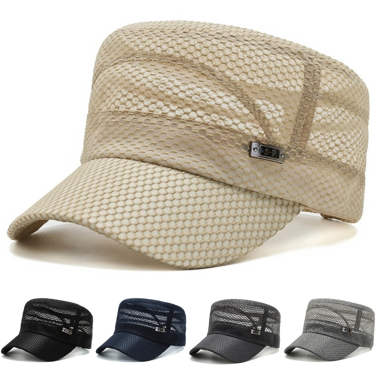 

Summer Men Breathable Mesh Hat Comfortable Lightweight Shading Hat Casual Adjustable Back Button Fashionable Military Hat