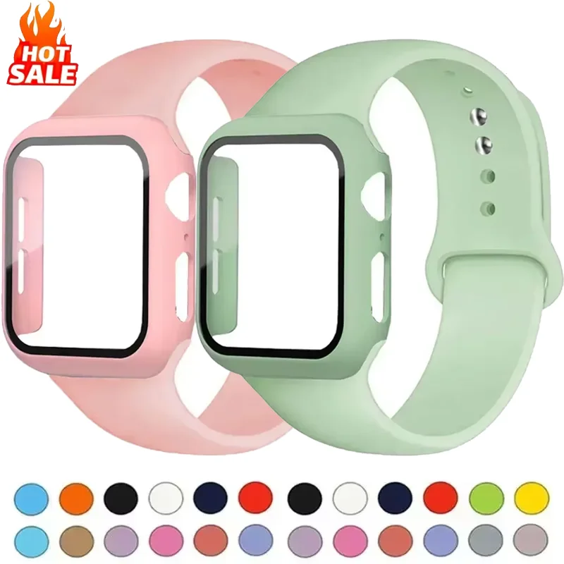 แก้ว + กรณี + สําหรับ Apple Watch Band 45 มม.44 มม.41 มม.40 มม.38 มม.42 มม.ป้องกันหน้าจอสําหรับ Apple IWatch Series 9 8 7 6 SE 5 3 4