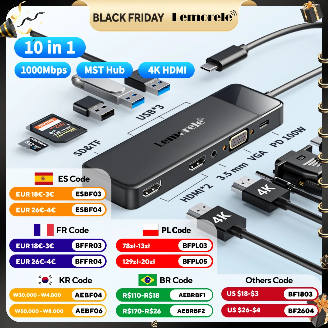 

Док-станция Lemorele для компьютера, 10 портов, HDMI, 4K, 30 Гц