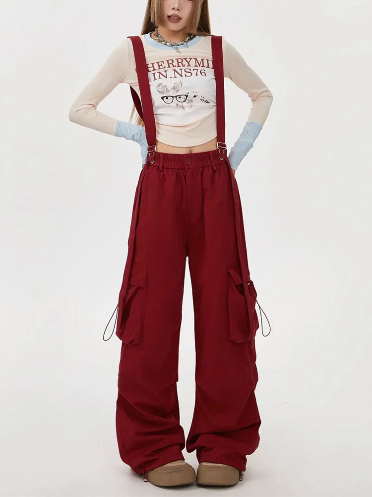 

American Y2K Cargo Overalls Women Vintage Harajuku Hip Hop Loose Jumpsuits Streetwear High Waist Pockets Cargo Pants Trousers