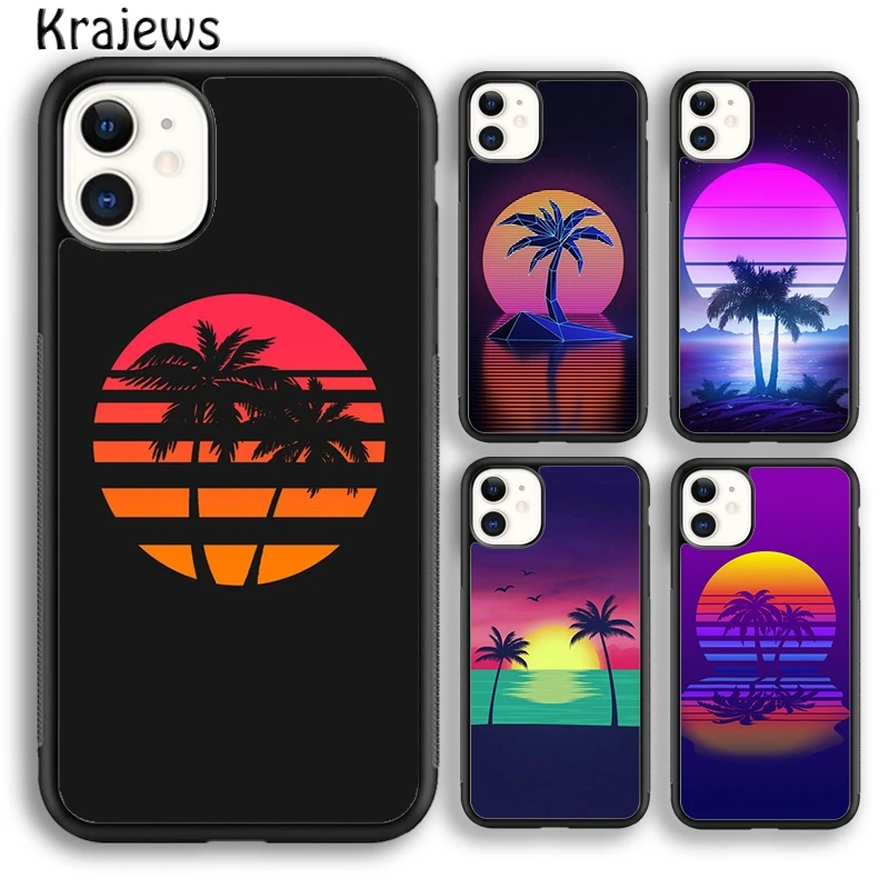 Krajews 80s Retrowave Neon Palms Tree Soft Phone Case Cover For iPhone 16 15 SE2020 14 7 8 plus 11 12 13 pro max coque Fundas