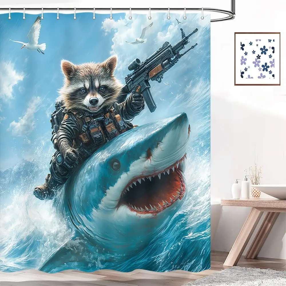 Funny Animal Shower Curtain, Cool Cute Raccoon Riding Shark Ocean Wave Shower Curtain for Bathroom, Fun Nautical Coastal Funny