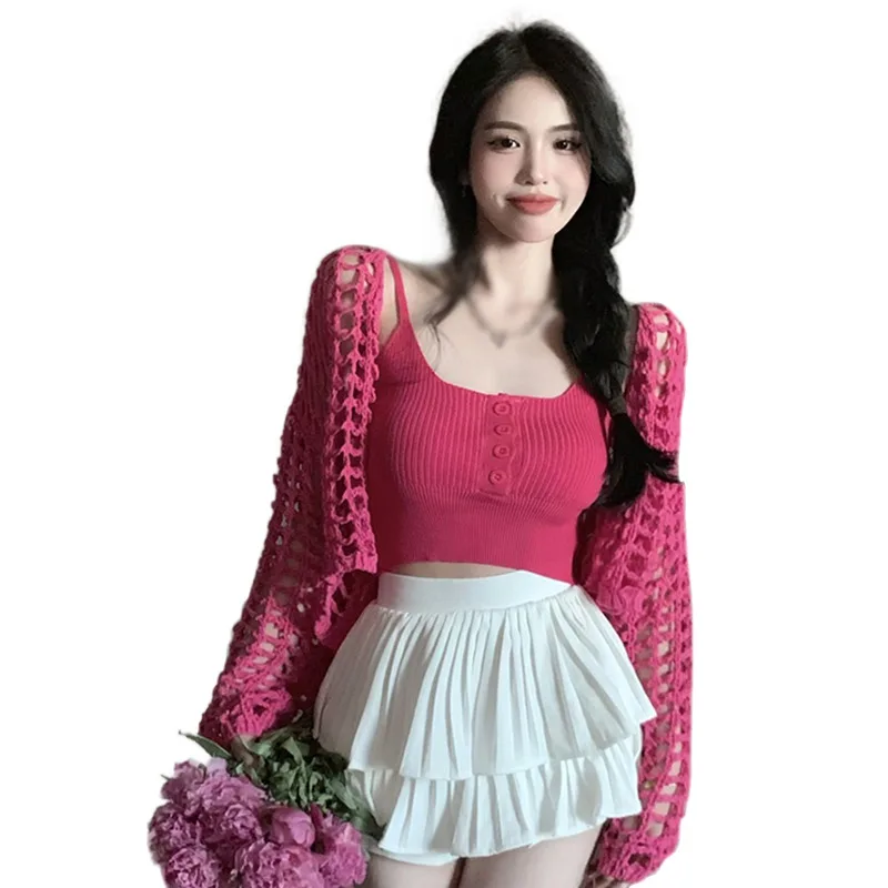 Women\'s Two-Piece Set Set Of Knitted Small Camisole With Loose Mesh Hollow Cardigan Long Sleeved Sun Protection Shirt