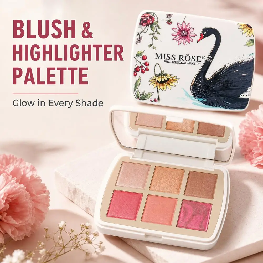 6-Color Glow Face Makeup Palette with Integrated Mirror Highlight Multifunctional Matte Shimmer Pink Peach Eyeshadow Makeup