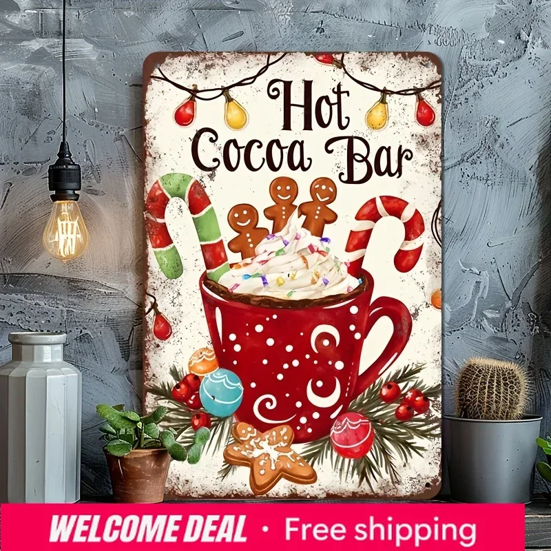2026 （2D Tin Painting）1pc Christmas Hot Cocoa Bar Metal Sign Weather-Resistant Wall Art With Pre-Drilled Holes For Farmhouse,
