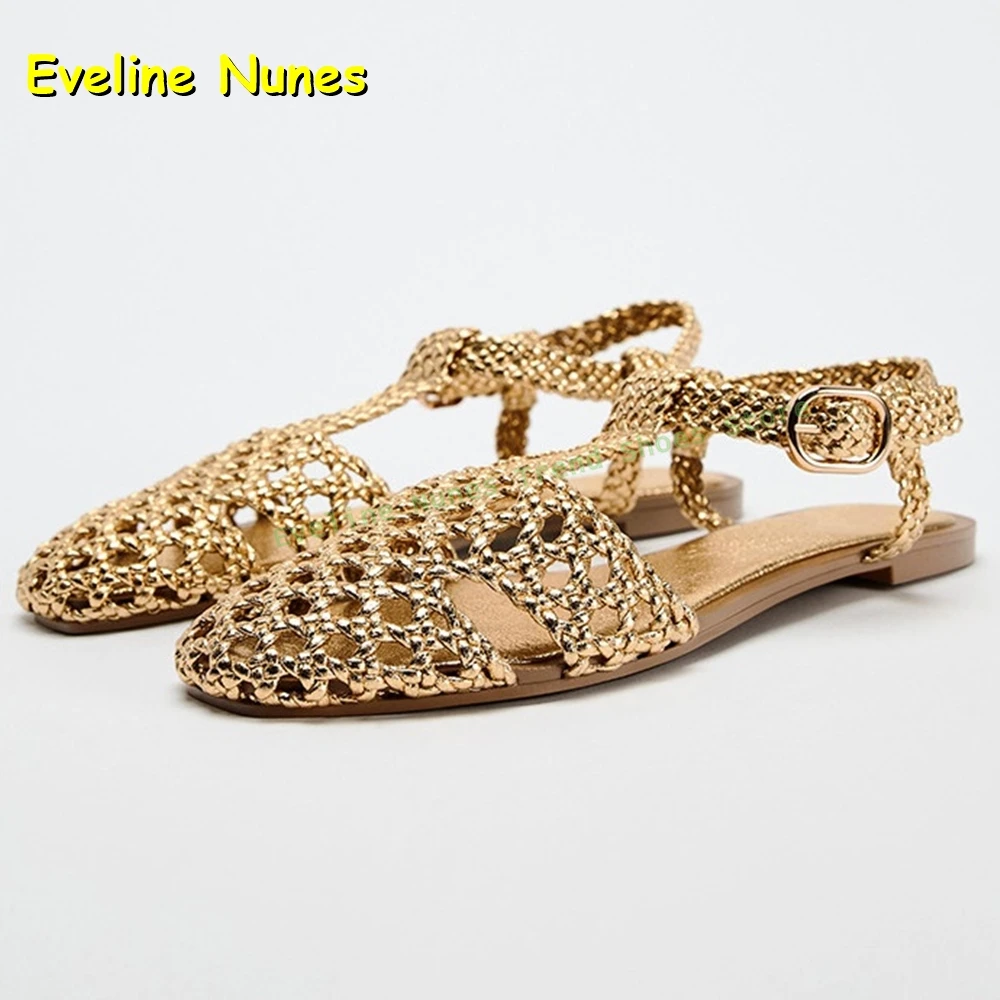 Women's Gold Woven Crochet Flat Sandals Ankle Strap Closed Toe Bohemian Summer Beach Casual Shoes Cut Out Solid 2026 Dress Shoes
