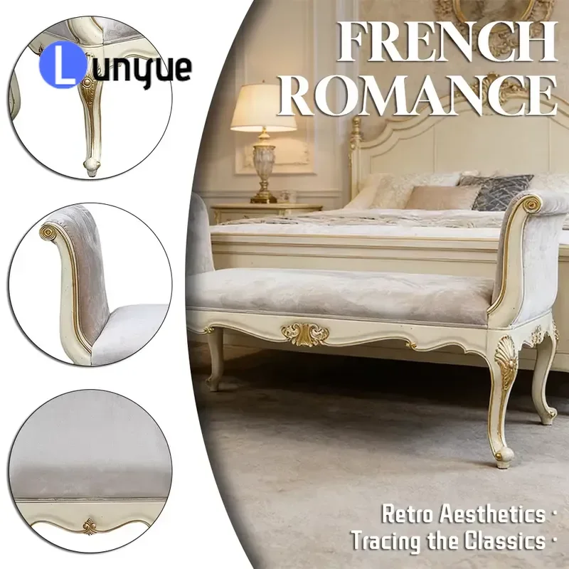 Luxury Royal Antique Cream Wood Frame Velvet Upholstered Fabric Seat Bed Bench for Bedroom Furniture Elegant Design Durable