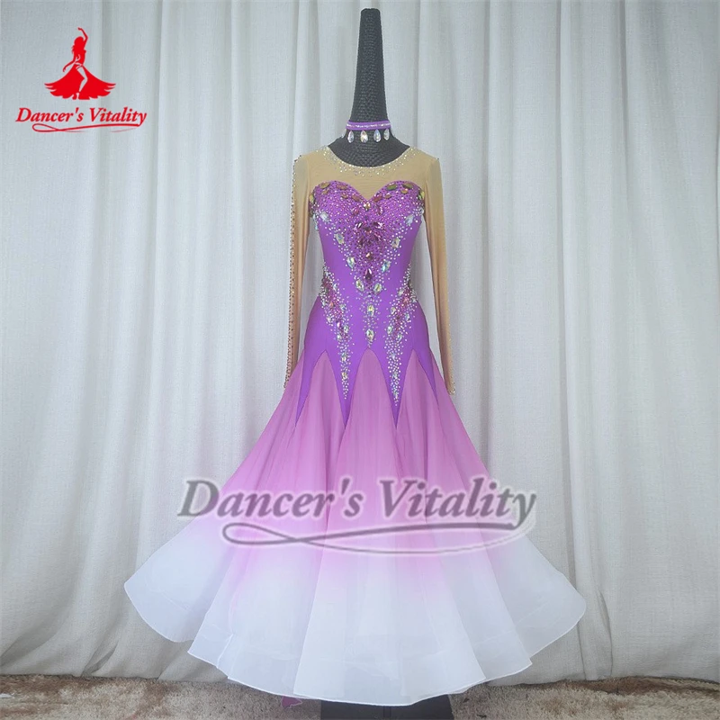 볼룸 댄스 전문 경쟁 드레스 하이 엔드 맞춤형 성인 라이트 퍼플-화이트 그라데이션 색상 AB 스톤 빅 스윙 드레스