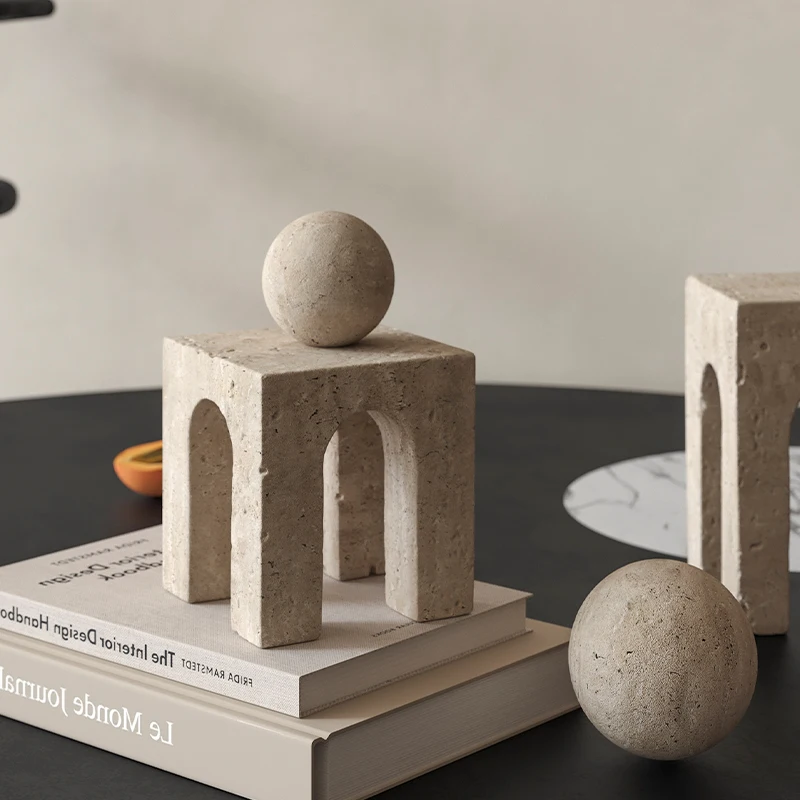 Travertine Sculptures and Figurines Archway Shape Statue for Shelf Coffee Table TV Cabinet Bookshelf Living Room Home Decoration
