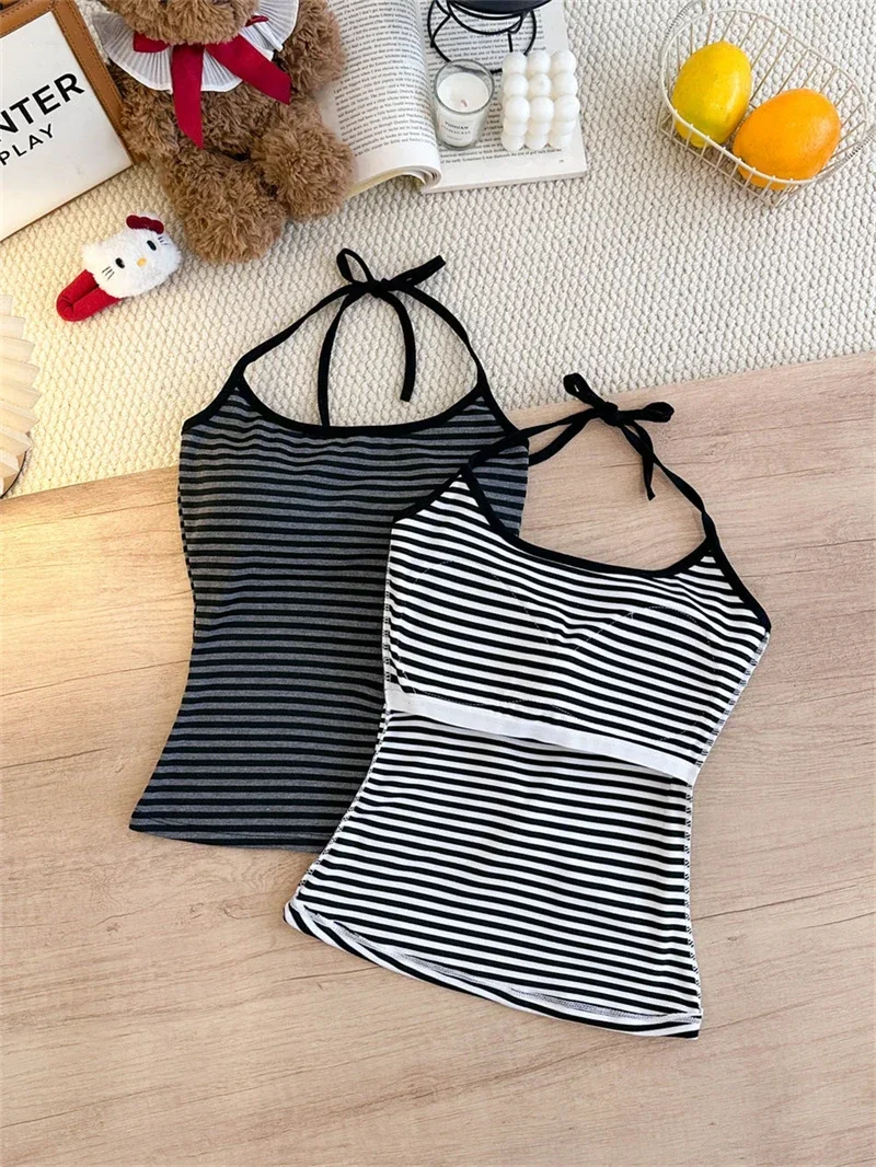 Koreanischer Stil Mehrfarbiges Crop-Top mit Bindeband und integriertem BH-Pad – Sexy, eng anliegendes Tanktop für Damen – Detail 8
