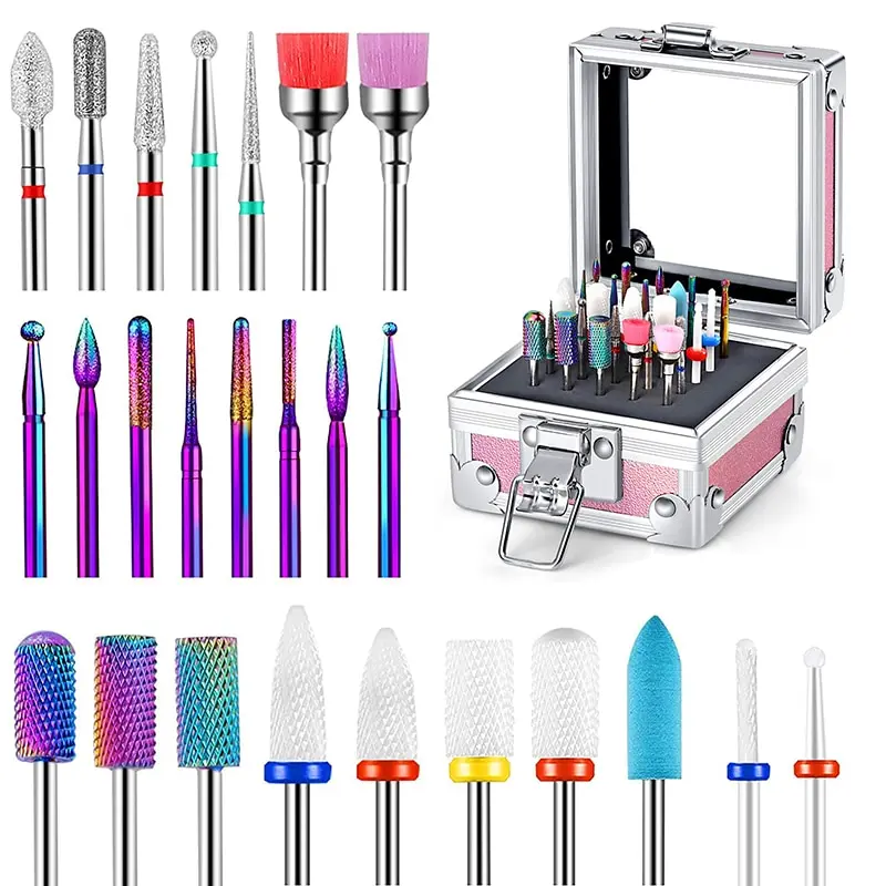 25 Pcs Electric Nail Drill Bits Manicure Set With Pink Holder Tungsten Carbide Cuticle Remover Bits For Slaon Acrylic Gel Polish