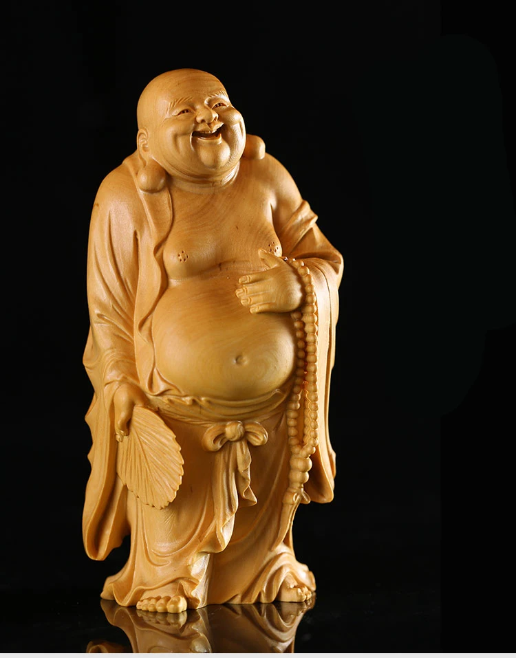 

Happy Buddha Buddha 12/18cm Wood Statue Laughing God With Fan Buddhist Maitreya Monk Solid Chinese Boxwood Sculpture