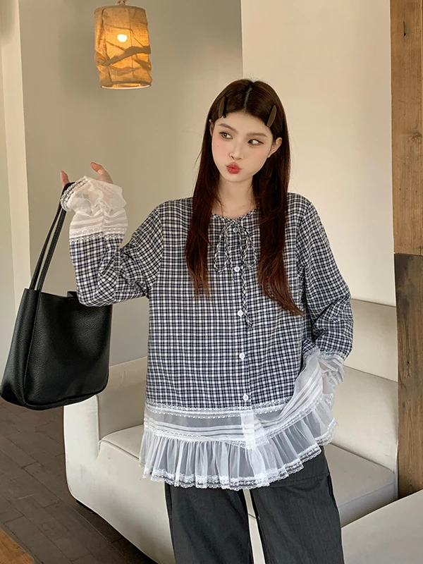 

plus Size Lace Splice Long Sleeve Shirt Loose Slimming Design Spring New Plaid Top Women's Korean Style Commute Fashion