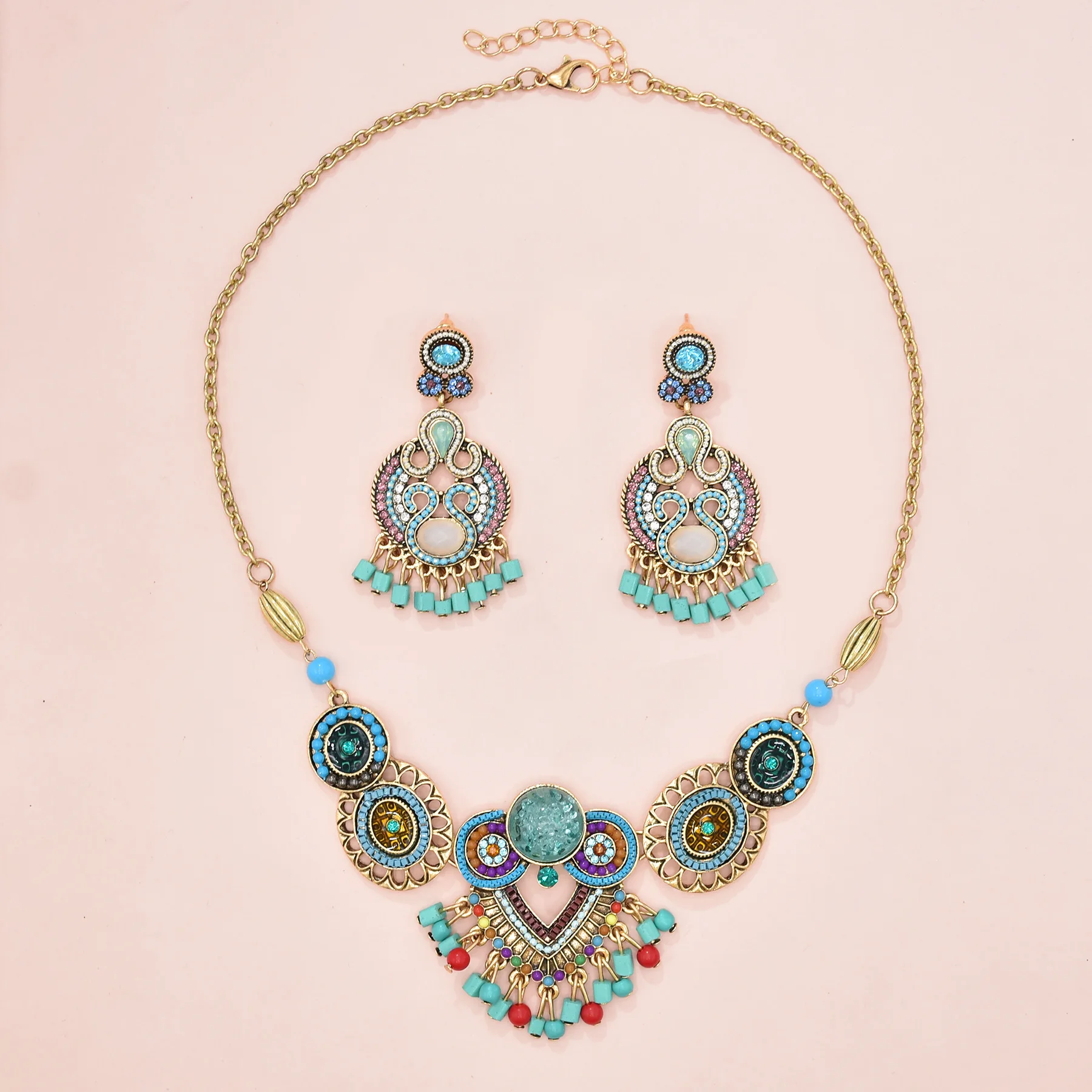 Vintage bohemio cuentas de resina collares pendientes conjuntos de joyería étnica para mujeres gitano turco Tribal indio vacaciones conjuntos de joyería