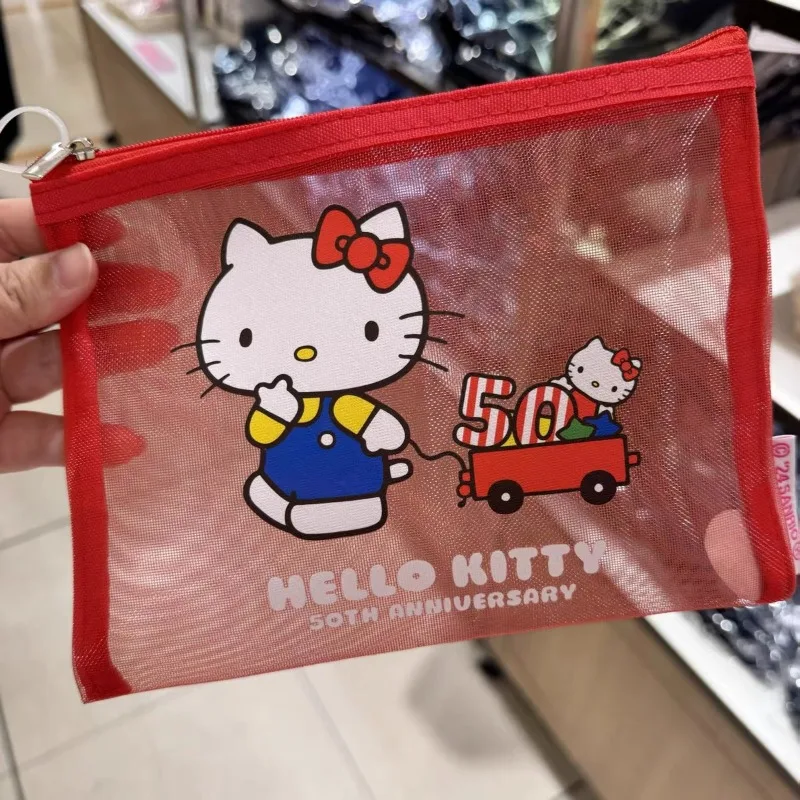 Sanrio Hello Kitty Cosmetic Bags Cartoon Transparent Mesh Bag Portable Toiletries Organizer Stationery Storage Pouch Pencil Case