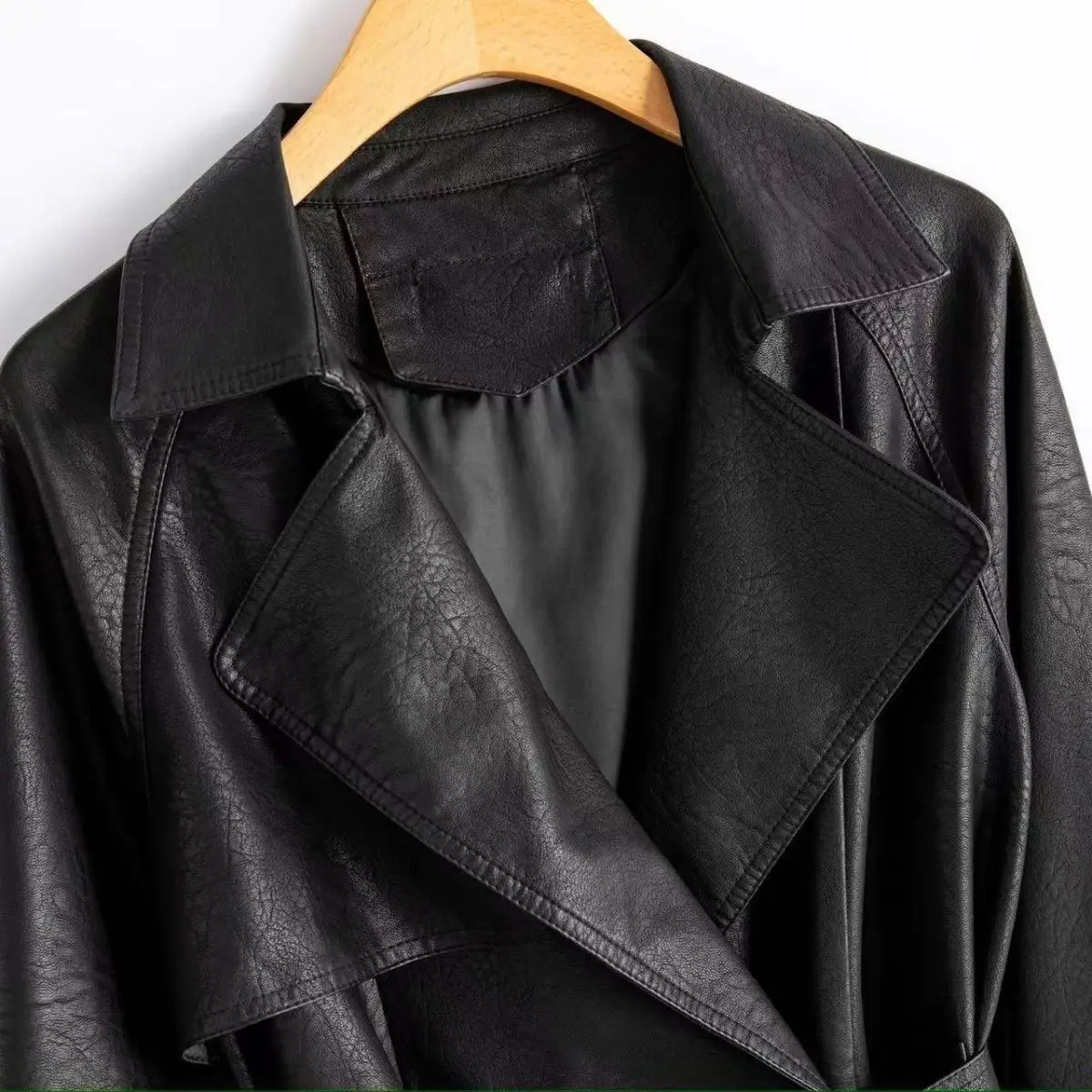 New lace-up waist  leather jacket 2025 spring and autumn medium and long jacket Korean  loose leather trench coat