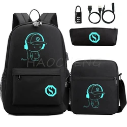 Luminous Animation School Bags para meninos e meninas, Mochilas de moda para adolescentes, mochila para laptop para homens, 3pcs por conjunto