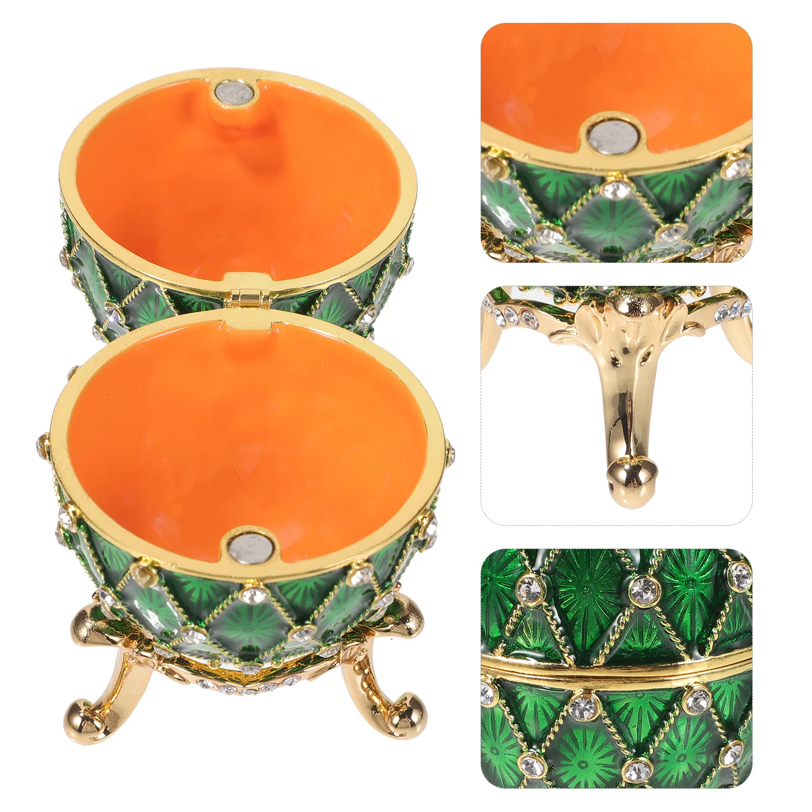 

Enameled Egg Trinket Box Jewelry Storage Case Rhinestone Decor Vintage Metal Organizer Compact Desktop Display For Rings