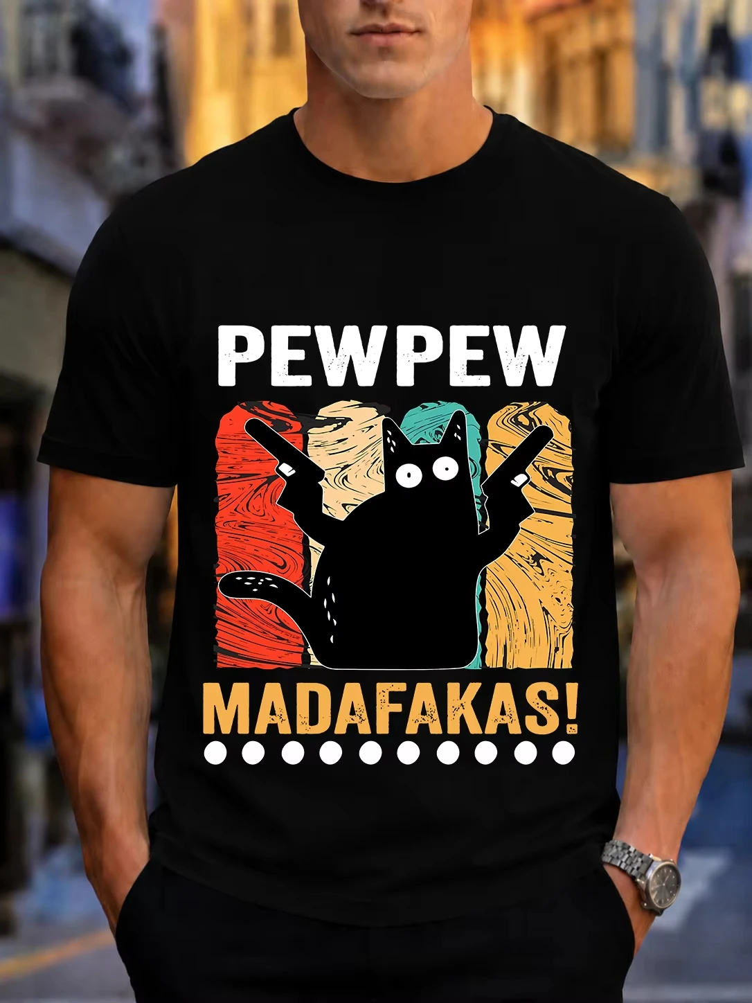 2026 New Arrival 100% Cotton T-shirt Vintage Retro Pew Madafakas Cat With Dual Pistols Print Crew Neck Casual Tee