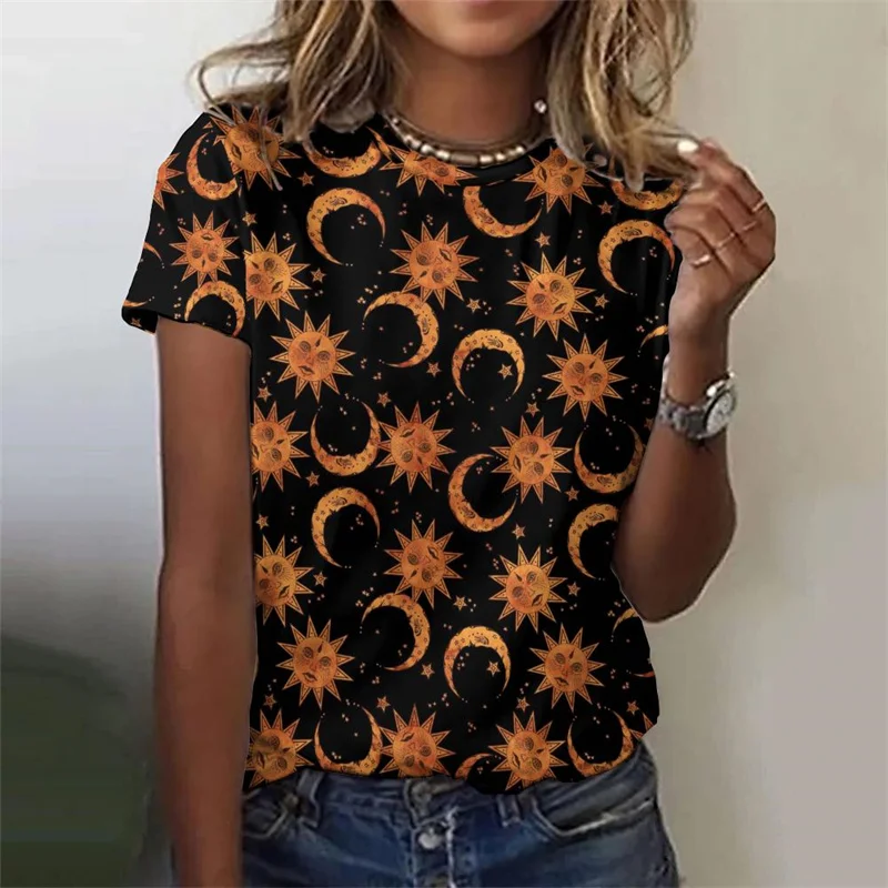 Grande taille décontracté t-shirt ample col rond hauts manches courtes 3D imprimé soleil étoiles lune t-shirt pour les femmes ciel étoilé t-shirts graphiques