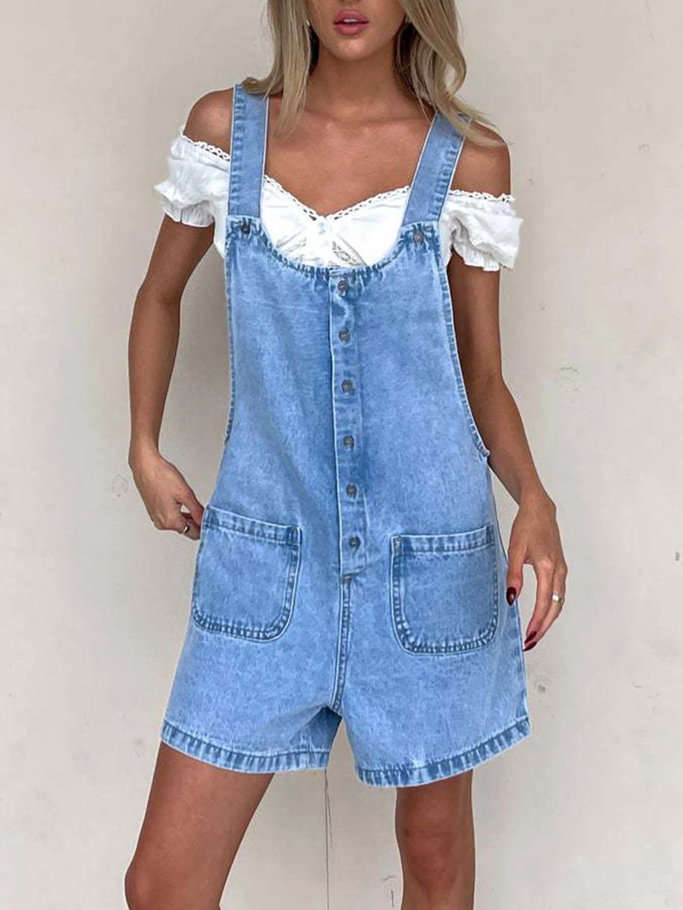 

Women's Summer New Front Buckle Pocket Denim Overalls, High-Quality and Comfortable Denim Overalls, Suitable for Daily Wear