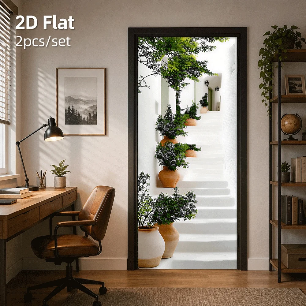 1 piece of fresh white wall green plant staircase Mediterranean door sticker living room background wall sticker 2D plan