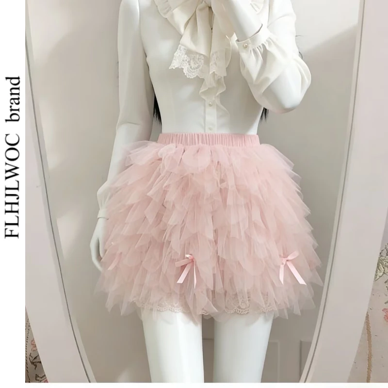 FLHJLWOC French Style Mesh Tulle Skirt A-Line Layered Puff Mini Skirts Japan Girls Cute Short Petticoat for Party Club Outfits