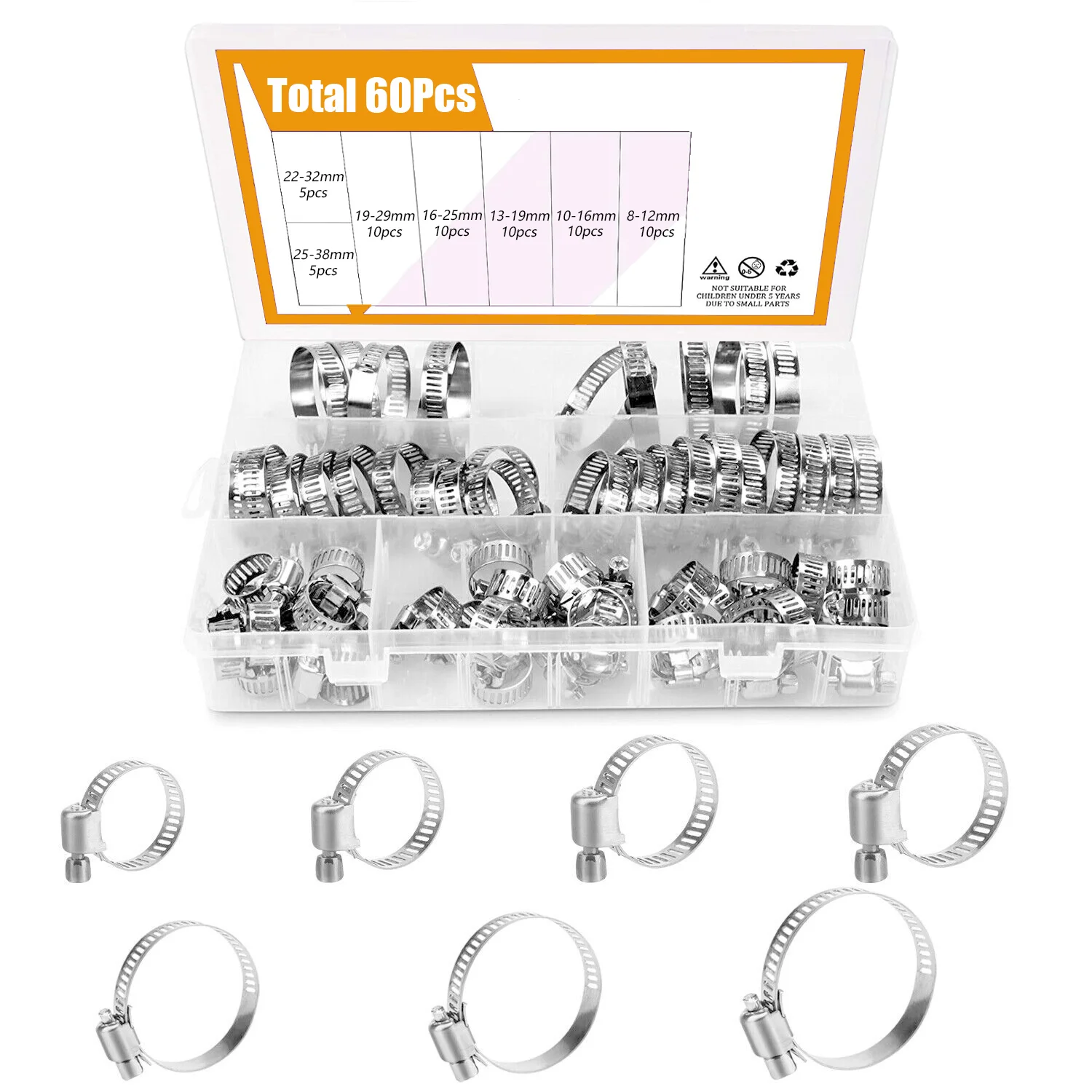 60pcs 8-38mm Adjustable Stainless Steel Screw Band Hose Clamps Car Fuel Hose Clamps Pipe Clamp Worm Gear Clip Hose Clamp