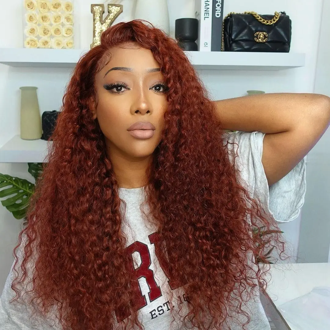 

Zlike 13x4 13x6 Transparent HD Lace Front Wig for Women Jerry Curly Remy Human Hair 33# Reddish Brown Glueless 250% High Density