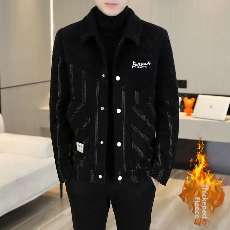 

Men's Fce Lined Thiened ort Casual Jaet 2025 Spring Autumn Winter Faionable Woolen Coat Youth Vitali Sle