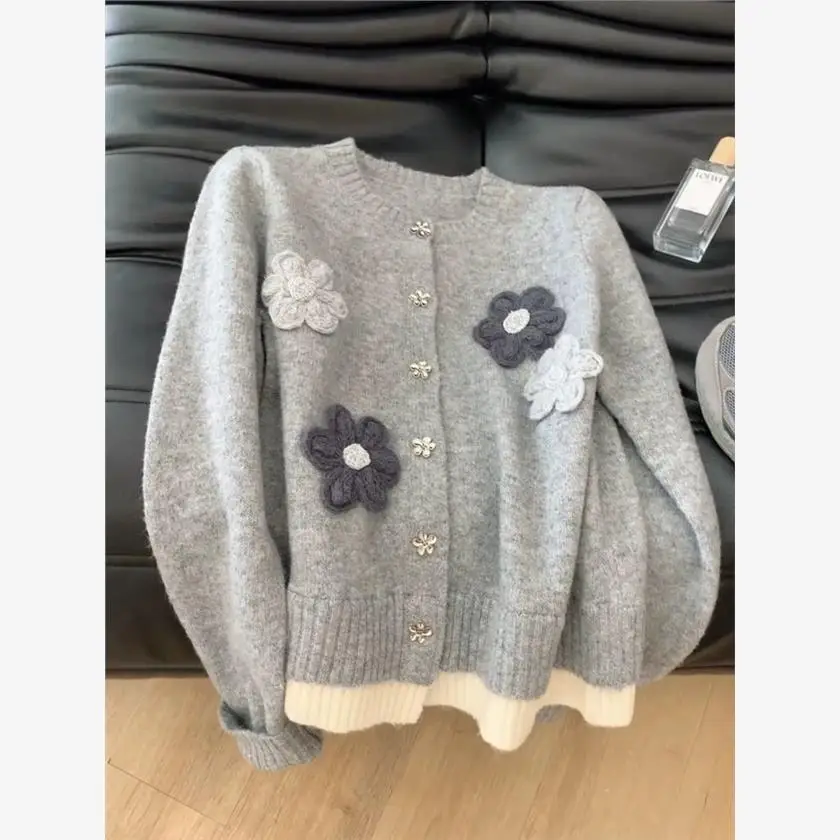 

Длинный вязаный свитер ручной работы с цветочным принтом све, женский свободный повседневный топ, закрывающий живот, модный винтажный свитер 2025 года, Новое поступление